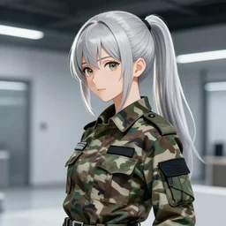 girl with silver hair and ponytail, wearing camo uniform, on modern manga style
