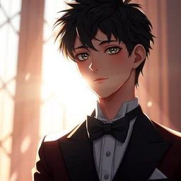 wlop and krenz kushart and alphonse mucha, digital art of an anime boy wearing a tuxedo, sunbeam, unreal engine, hyperrealism, cinematic composition, blender render, octane render, hdr, detailed textures