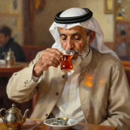 old arab man drinking from a glass cup of tea, oil painting, cozy, sunlight, refraction, glassware, teahouse