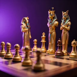 photo of a chess game as off starwars, the chess pieces are golden egyptian gods, low angle, purple light from the left side, 1 8 mm, hyperrealistic, very detailed