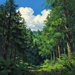 forest with bue sky and clouds ,  very detailed sharp upscaled 8k gouache painting by kyoto animation