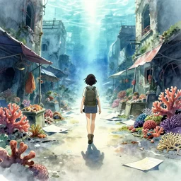 incredible anime movie scene, vanishing point, woman explorer, watercolor, underwater market, empty road, coral, harsh bloom lighting, rim light, abandoned city, paper texture, movie scene, caustics shadows, deserted shinjuku junk town, old pawn shop, bright sun ground, wires, telephone pole, pipes, yellow dragon head