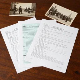 shite paper sheets, documents, tax returns on a mahagony table, press photograph, archive, 1 9 th centrury photo