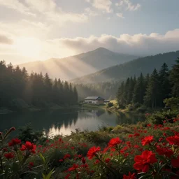 a serene landscape with a singular building near a lake at sunrise, forest, mountains, clouds in the sky, concept art, octane render, unreal engine 5, trending on DeviantArt, highly detailed, high quality, 4K, low contrast, path traced, godrays, bloom, Ferdinand Knab, beautiful landscape, red flowers, trending on Artstation, soft lighting, hyperrealistic, digital art