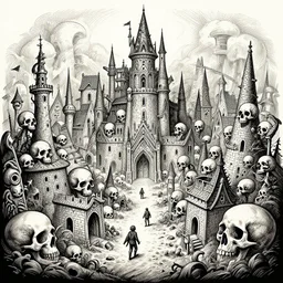 Geof Darrow drawing of Psychedelic town of Skulls, medieval town, skulls, drawn by Geof Darrow, trending on artstation