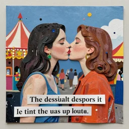 two women kissing at a carnival, mixed media collage, futuristic, paper collage, magazine collage, acrylic paint splatters, bauhaus, claymation, layered paper art, sapphic visual poetry expressing the utmost of desires by jackson pollock