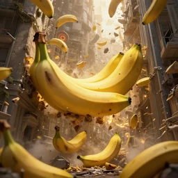 giant bananas falling into and exploding buildings, dim volumetric lighting, 8 k octane beautifully detailed render, post - processing, extremely hyper - detailed, intricate, epic composition, giant bananas natural disaster, cinematic lighting, masterpiece, trending on artstation, detailed detailed detailed, masterpiece, stunning art by anders zorn, wonderful masterpiece by greg rutkowski, beautiful cinematic light, american romanticism by greg manchess, jessica rossier