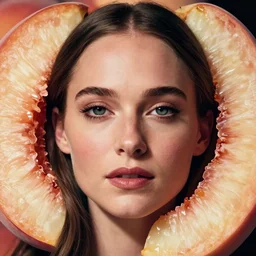 a beautiful natalie portman portrait in peach slices, ultrarealistic, dramatic lighting, cinematic, artstation, high detail, by hajime sorayama, peter mohrbacher, boris vallejo, aaron horkey