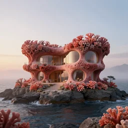 hyper realistic, the house made of coral on a rocky seaside architecture, Hyper realistic, organic architecture, Future design, architecture design, environment, sunsett, foggy, Cinematography, mega scans,cinematic, a hybrid tech design, hyper realistic,photo real, cinematic composition, highly detailed, extremely realistic, Vray, corona render, 8K - H 1024