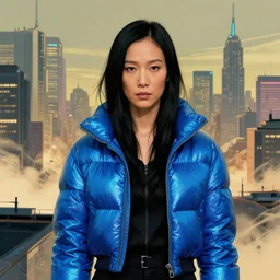 2 0 1 8 blade runner movie still jamie chung look at the cityscape from roof perfect face fine realistic face pretty face neon puffy jacket blue futuristic sci - fi elegant by denis villeneuve tom anders zorn hans dragan bibin thoma greg rutkowski ismail inceoglu illustrated sand storm alphonse mucha