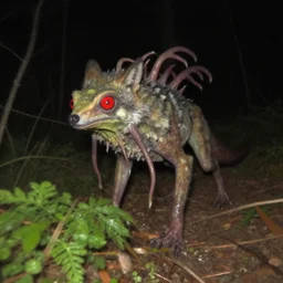 trail - cam photos of a red eyed, tentacled, vegetable hunan anthropomorphic wolf lizard creepy alien in the style of the thing, night vision, motion blur