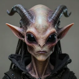 a creepy portrait, fantastic predator alien, professionally retouched, soft lighting, realistic, pointed elf ears, horns, smooth face, jet black alien eyes, wide angle, sharp focus on the eyes, 8 k high definition, insanely detailed, intricate, elegant, beautiful, horros, creepy, art by artgerm and wlop