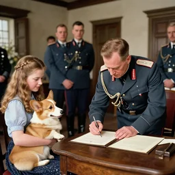 ultra wide 1 9 4 6 historical photo 1 3 5 mm of a single german general signing a peace treaty, a young queen elizabeth holds a corgi and watches the general sign the treaty, french village interior, highly detailed, sharp focus