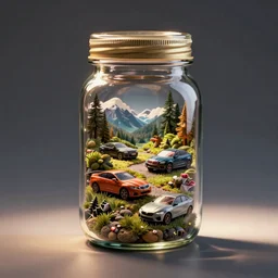 photograph of a glass jar filled with motor vehicles, product photography, studio lighting, octane render, unreal engine