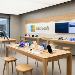 (wood and concrete flagship retail interior Samsung Microsoft, Apple, mobiles and tablets on display on large tables, empty stools, lush verdant plants, colorful digital screens) XF IQ4, 14mm, f/1.4, ISO 200, 1/160s, 8K, RAW, unedited, symmetrical balance, architectural photography, in-frame