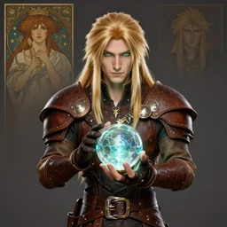 portrait character design a male elven sorcerer with honey blond long hair, green eyes, leather armor, holding a crystal ball, style of witcher and kingdom hearts and arcane, 3 d animation demo reel, portrait studio lighting by rebecca guay and alphonce mucha and gaston bussiere,
