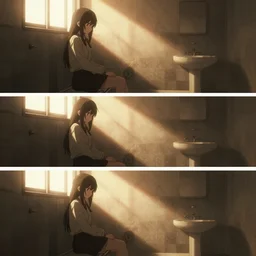 3 panel scene, girl sitting in the school bathroom - dramatic cozy arts by wlop and okuda genso. wide angle lens. featured on pixiv, anime aesthetic. pixiv, warm aesthetic, rays of light, volumetric light, artstation, vanitas, official art, gothic, noise film photo. octane render, redshift render, ue 4