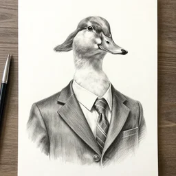 a professional high detailed pencil sketch of a duck wearing a suit.