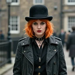 hooligan punk woman, female droog, a clockwork orange, woman wearing bowler hat, 1 9 7 1, 1 9 7 1 dystopian england