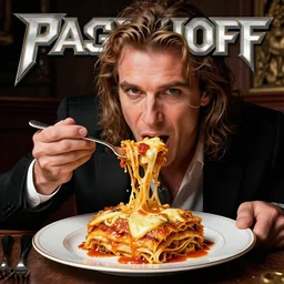 gamma ray album cover featuring photo of david hasselhoff eating lasagna, power metal album cover, trending on artstation, intricately detailed, highly detailed, classic, award winning
