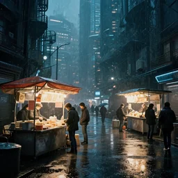street with food stands in a cyberpunk city on a rainy melancholy night by de chirico