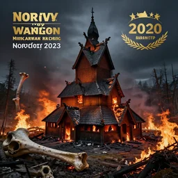 hyperrealistic photograph of the norway wood churches burned to the ground, fire, giant bones, skeletons, dim volumetric lighting, octane beautifully detailed render, extremely hyper detailed, intricate, epic composition, cinematic lighting, masterpiece, trending on artstation, very detailed, stunning, hdr, smooth, sharp focus, high resolution, award, winning photo
