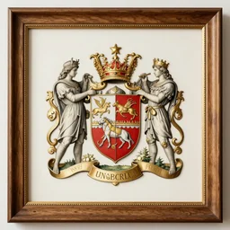 a legend illustration coat of arms, wood frame engraving with elegant details, golden border detail ornaments art by fantasy and hearthstone style, centered, facing shot, crowns, one dragon!! and royal shields, symmetry!!!!!, elegant, masterpiece