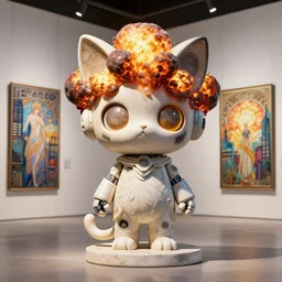 3 d octane render, ultra photorealistic, 8 k hyper detailed image a very cute roman statue of the robot cat ears and nuclear explosion, cyberpunk, cgsociety, in a contemporary art gallery, in neo tokyo, artwork by alphonse mucha