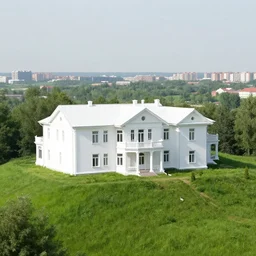 white mansion on a tall grass hill, far away above postsoviet city in the background