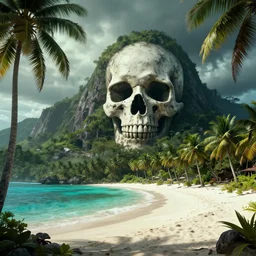 a tropical pirate Island with white beach, palm trees and a cave in Form of a skull carved in a Mountain, dramatic lighting, cinematic, establishing shot, extremly high detail, photo realistic, cinematic lighting, post processed, concept art, artstation, matte painting, style by eddie mendoza, raphael lacoste, alex ross