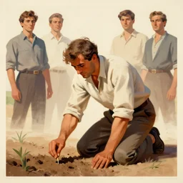 farmer kneeling down putting a seed in the dirt, limited neutral palette, by petros afshar, anton fadeev, dean ellis, beautiful graphic full body portrait, propaganda poster art 1 9 7 0 s illustrated advertising art, painterly character design