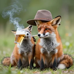 a polygamous fox with a hat drinking beer and smoking e - cigarette, stock photo