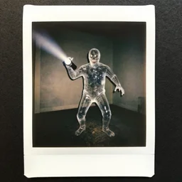 transparent horror monster polaroid photo, dynamic pose, full body shot, sharp focus, grainy, interior, flashlight