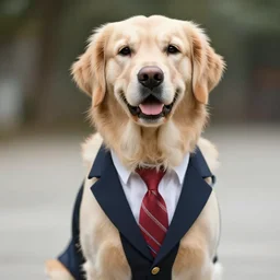 a golden retriever wearing a suit