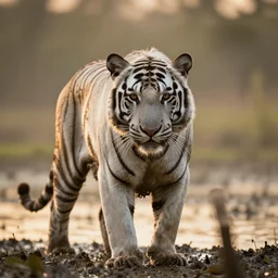 photo of a very mud muddy slightly white tiger in a swamp in the sunset, fur with mud, muddy fur, 300 mm depth of field bokeh