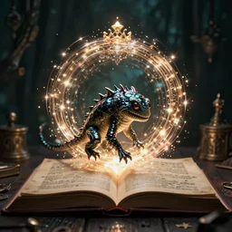 photo, a shiny scaly weird creature climbing out of a shining glowing magical mystical portal in the center of an ancient spell book open on a table, dark and moody, magical realism