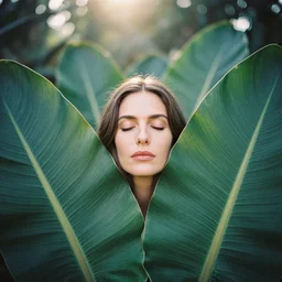 An analog head and shoulder frontal face portrait photography of a woman behind multiple big tropical leaves by Annie Leibovitz. Long hair. eyes closed. Kodak Portra 800 film. Depth of field. swirly bokeh. Sunshine. detailed. hq. realistic. warm light. muted colors. lens flare. Leica M9, f/1.2, ISO 800, symmetrical balance, in-frame