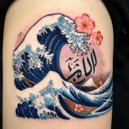 a tattoo design of a japanese wave and sakura flowers mixed with arabic calligraphy, in the style of graffiti, bold lines