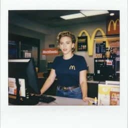 scarlett johansson working the front counter of mcdonald's ready to take your order, eighties polaroid, flash photography, photorealistic, kodachrome