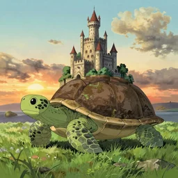 an island made out of the shell of a giant turtle with grass and a giant castle on top, sunset, drawn by hayao miyazaki, studio ghibli film, hi res, high detail, 4k