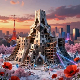 a beautiful photorealistic highly detailed structures city urbex unfinished building architecture abandoned by frank gehry, landscape assassin's creed tokyo thermal vision sunset crystal nature poppy studio ghibli at night infrared snowy meadow sci - fi laser neon noir universe magic realism cgsociety, archdaily, wallpaper, highly detailed, trending on artstation.