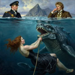 an intense scene painting of norwegian sea monster draugen beneath the water, a woman holding on to a rope fighting for her life, above the water by by thomas kinkade and greg rutkowski and ilya kuvshinov, masterpiece illustration, ultrarealistic, perfect face and anatomy, golden ratio