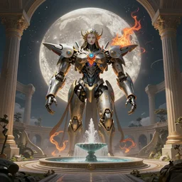 Futuristic ((((mystical temple of the goddes of moon beautiful and magical with a fountain)))). By Frank Lloyd Wright, concept art, inrincate, sharp focus, digital painting, unreal engine, cgsociety, neoclassical, mech, robot, fractal flame, cinematic, overwatch skin, highly detailded