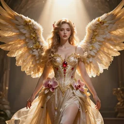 a beautiful orchid phoenix angel woman, in an ornamented dress with large wings, octane, unreal engine, volumetric light, god rays, 8 k high resolution, rubies