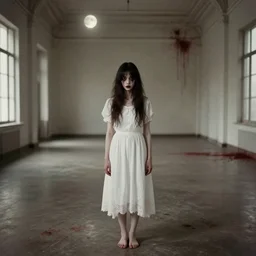 a beautiful and eerie illustration of a pretty but horrifying young woman wearing a white dress standing in a vast and empty gallery with blood on the walls, and moonlight shining through the windows, vintage color photograph