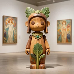 3 d octane render ultra photorealistic 8 k hyper detailed, a very very cute wooden mystical statue robot of the primitive tribal godess vegetal in a contemporary art gallery in neo tokyo artwork by alphonse mucha