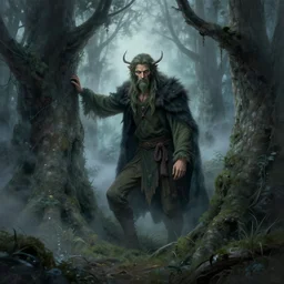 cautious druid in a spooky grove of trees by thomas kinkade, foggy, eerie