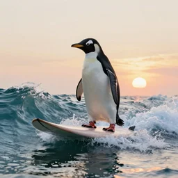 penguin on a surfing board, surfing the waves at the sunset, on the style of artstation, art deco, ciurlionis