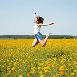 girl jumping through a field of bright flowers