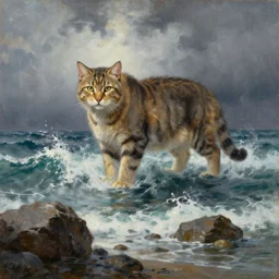 big cat in the stormy ocean, the cat is bigger than the waves, rocks, near the shore, aivazovsky style, oil painting, high quality, realism